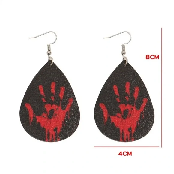 Bloody Handprint Vegan Leather Teardrop Earrings - Picture 2 of 4